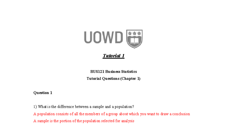 BUS121 Business Statistics Tutorial 1 Questions and Answers - Studocu