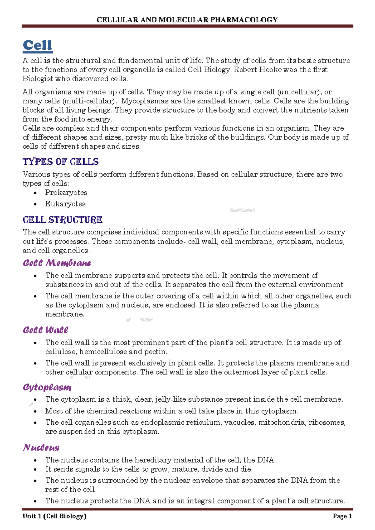 Unit 1: Cell Structure and Function - Gxutx - Studocu