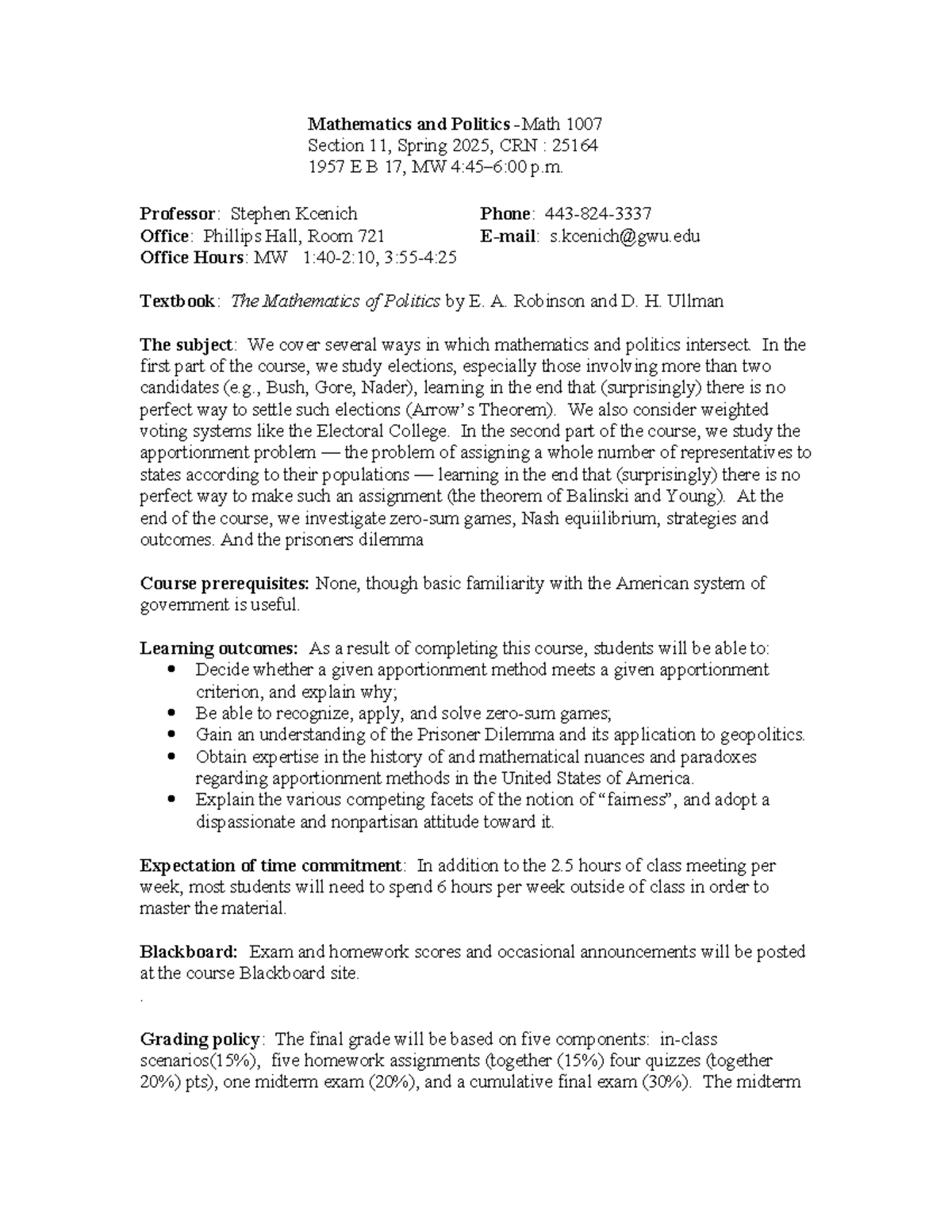 Math 1007: Syllabus for Mathematics and Politics, Spring 2025 - Studocu