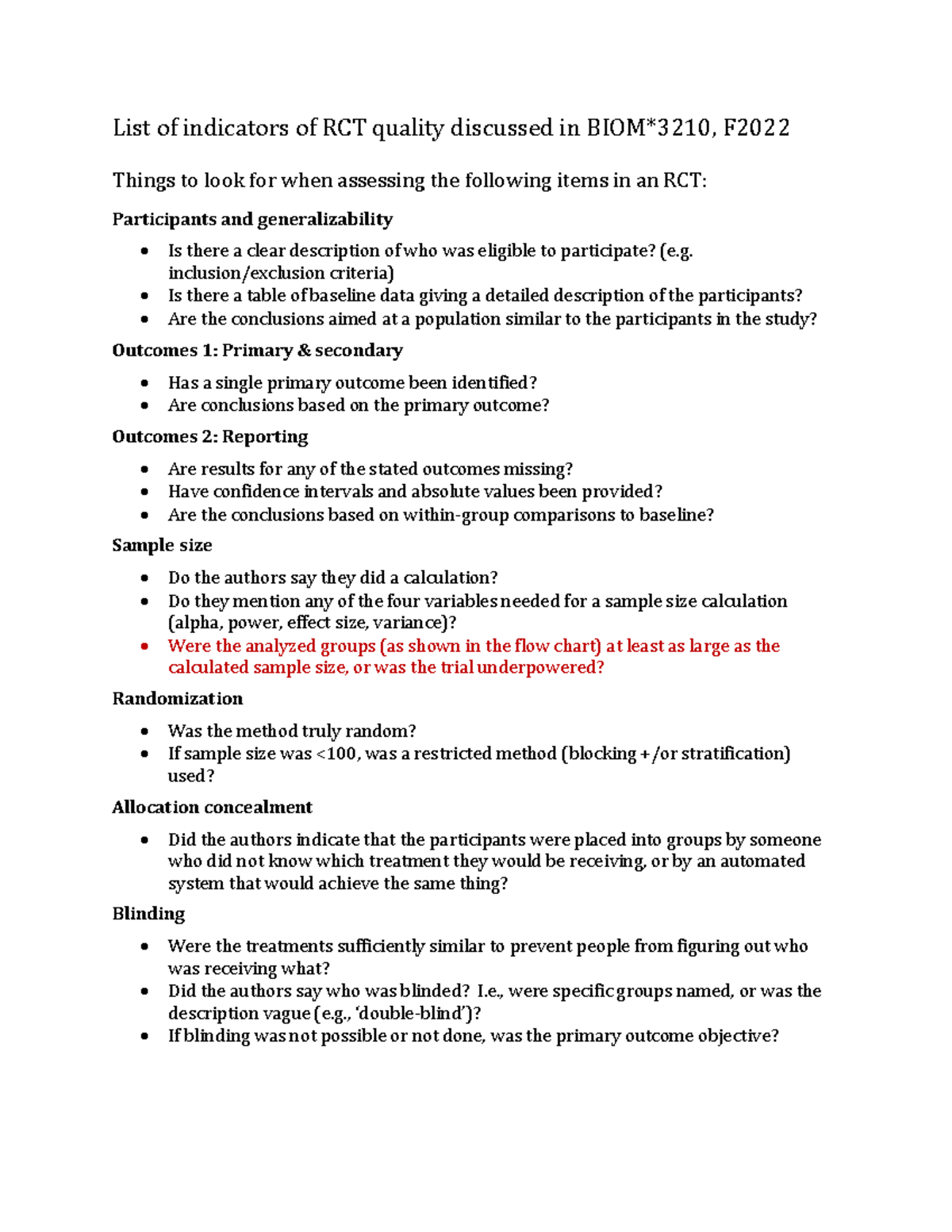 List of RCT Quality Indicators for Assessment - F2022 - Studocu