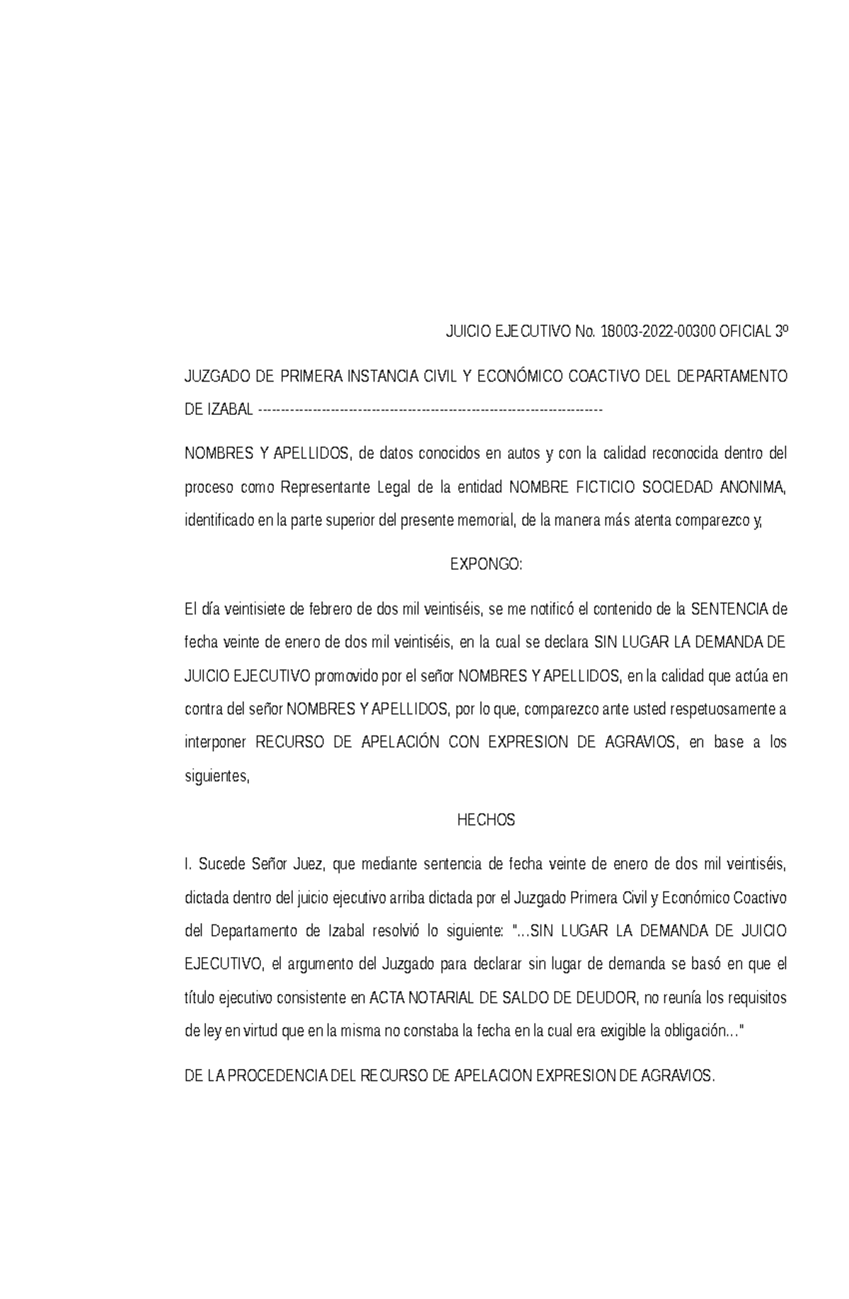 JUICIO EJECUTIVO: RECURSO DE APELACIÓN CON AGRAVIOS - IZABAL - Studocu