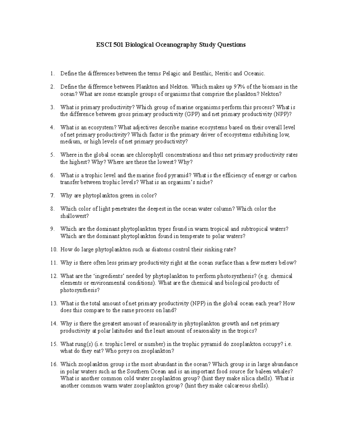 ESCI 501 Biological Oceanography: Key Study Questions and Concepts ...