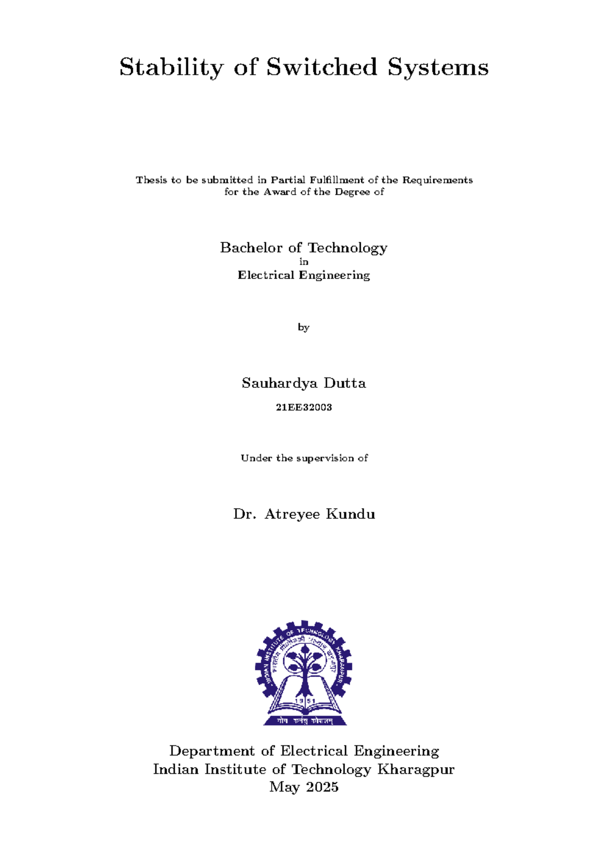 Stability Analysis of Switched Nonlinear Systems - BTP 21EE32003 - Studocu