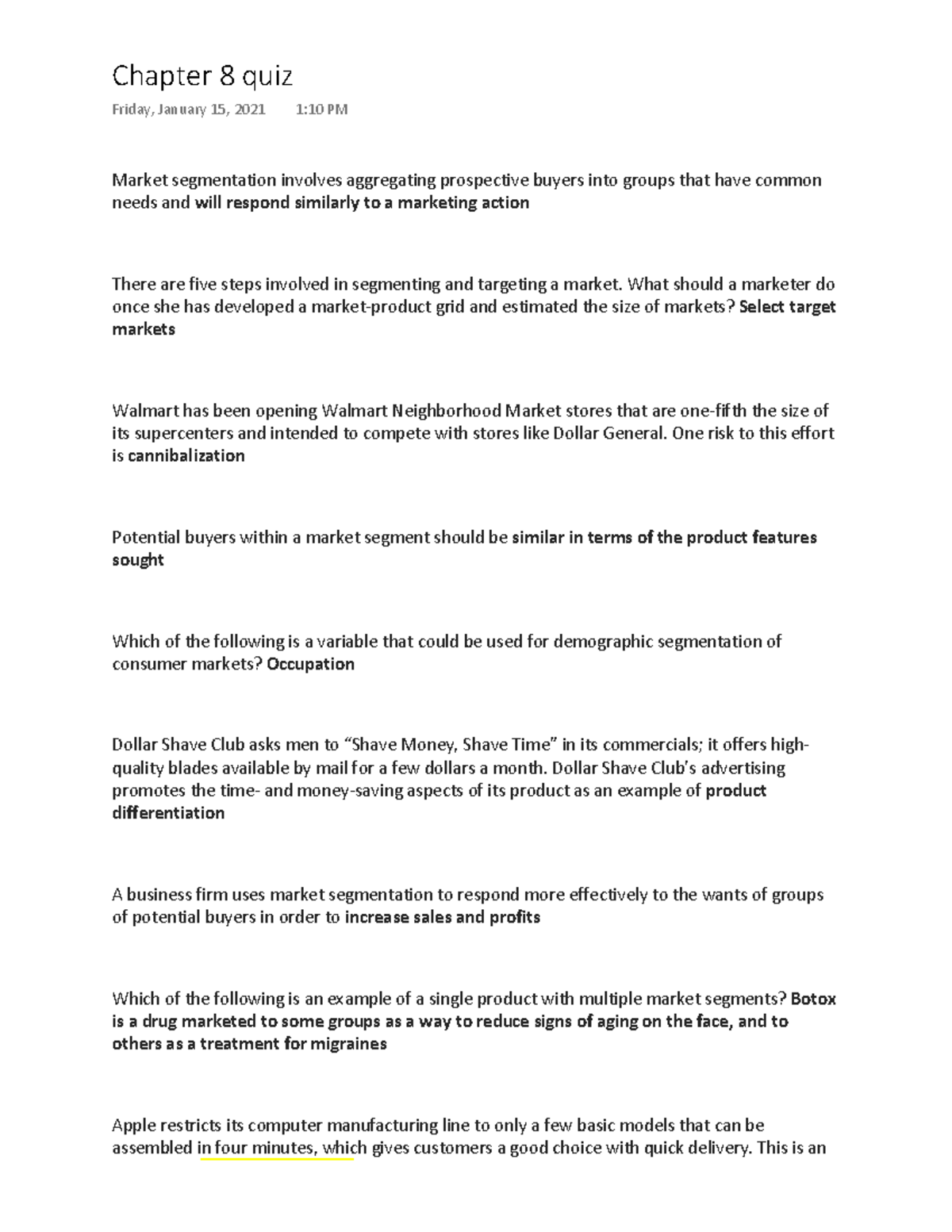 Chapter 8 quiz - based on lecture 8 - Chapter 8 quiz Friday, January 15 ...