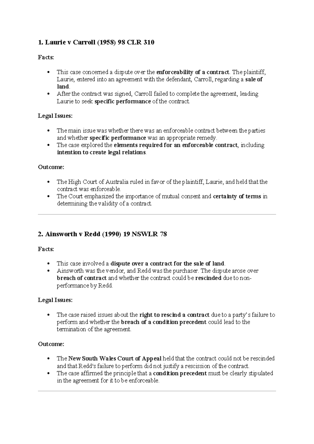 Contract Law Case Summaries: Key Decisions and Outcomes - Studocu