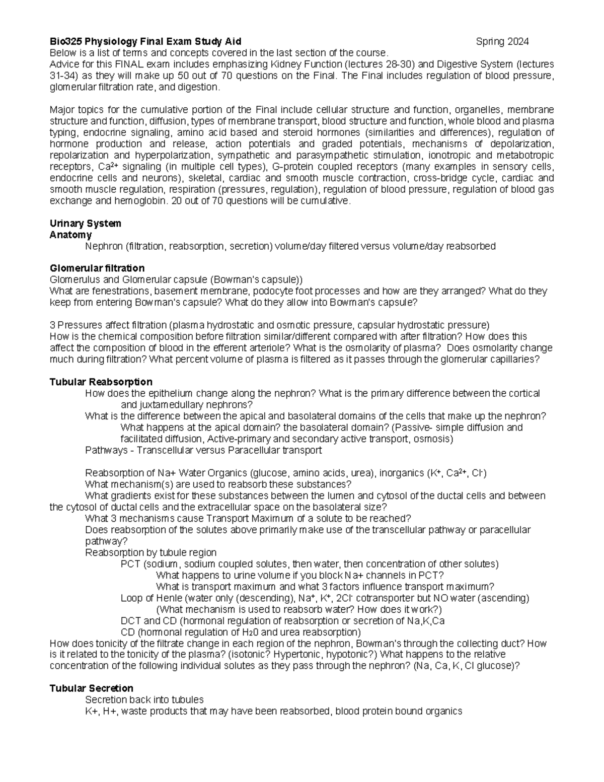 Bio325 Physiology Final Exam Study Aid - Spring 2024 Overview - Studocu