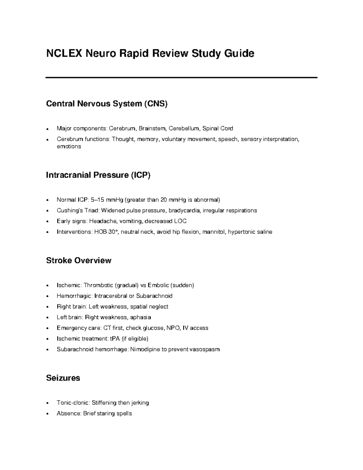 NCLEX Neuro Rapid Review Study Guide: CNS Overview and Key Concepts ...
