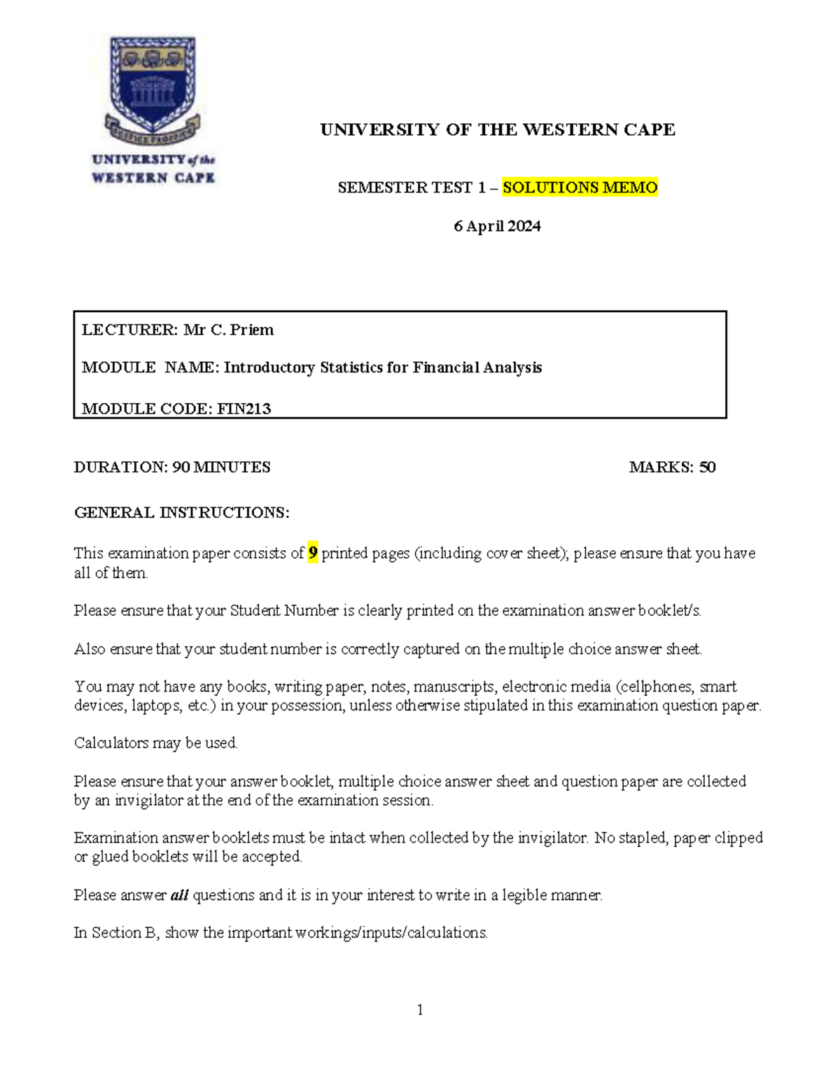 FIN213 - Solutions Memo for Semester Test 1, April 2024 - Studocu
