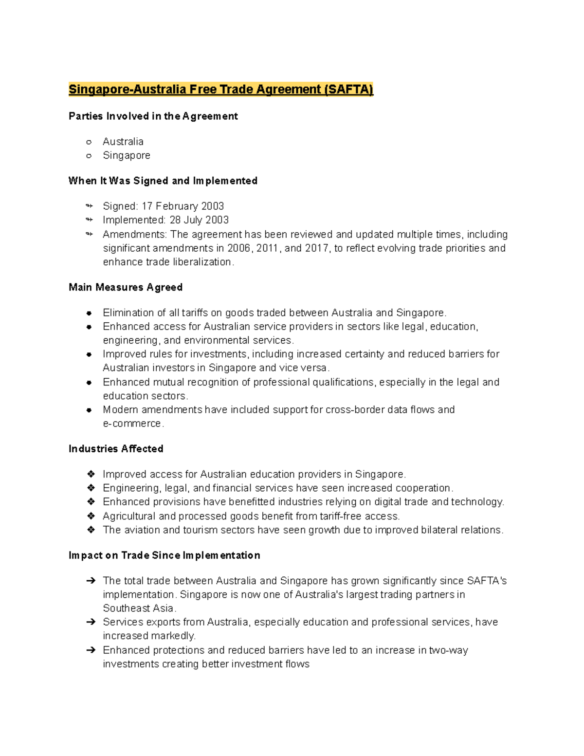 SAFTA: Overview of Australia-Singapore FTA and Its Impact - Studocu