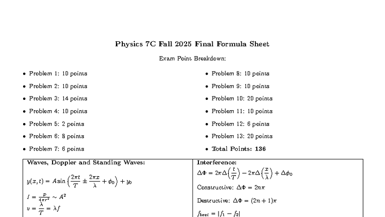 Physics 7C Fall 2025 Final Exam Formula Sheet and Point Breakdown - Studocu