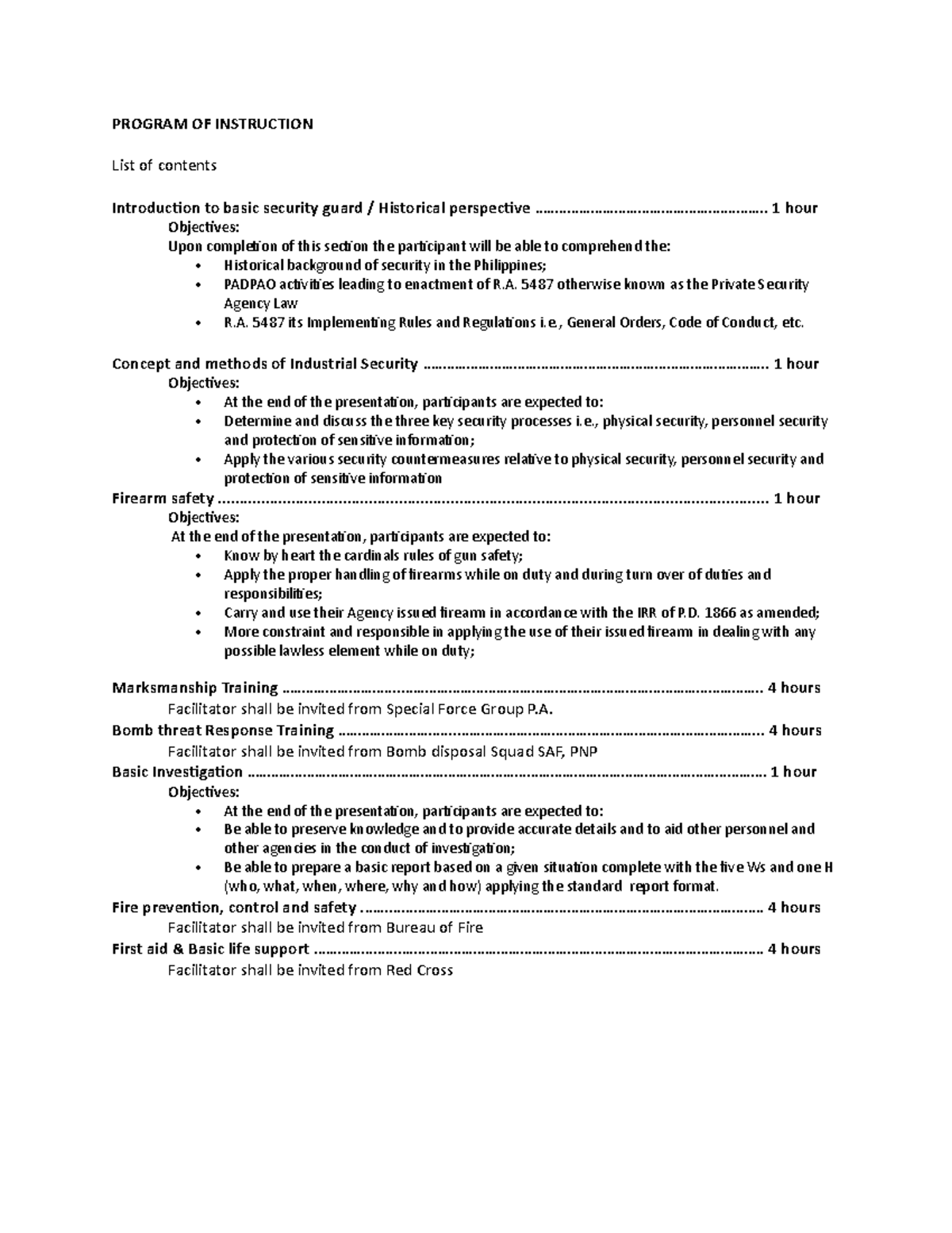 Program of Instruction for Security Training and Examination Guide ...