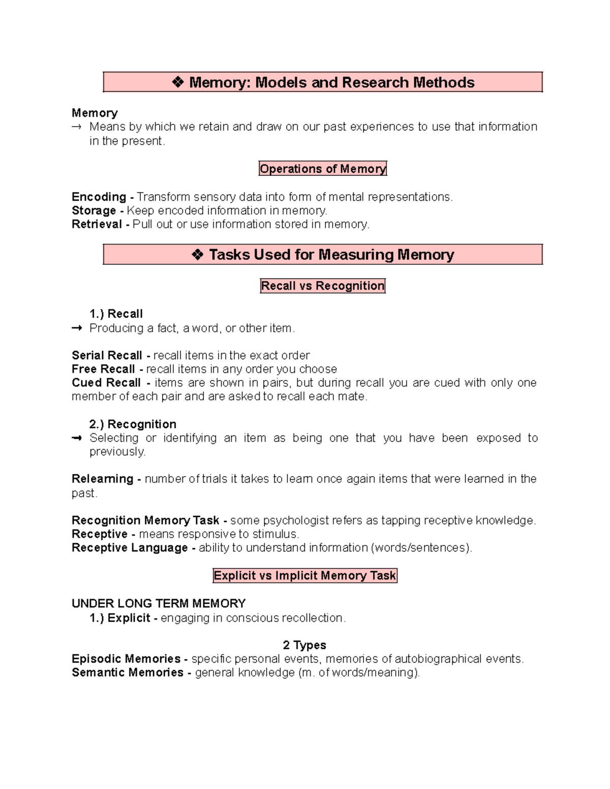 Cognitive (MID TERM PT. 1) - Memory: Models and Research Methods Memory ...