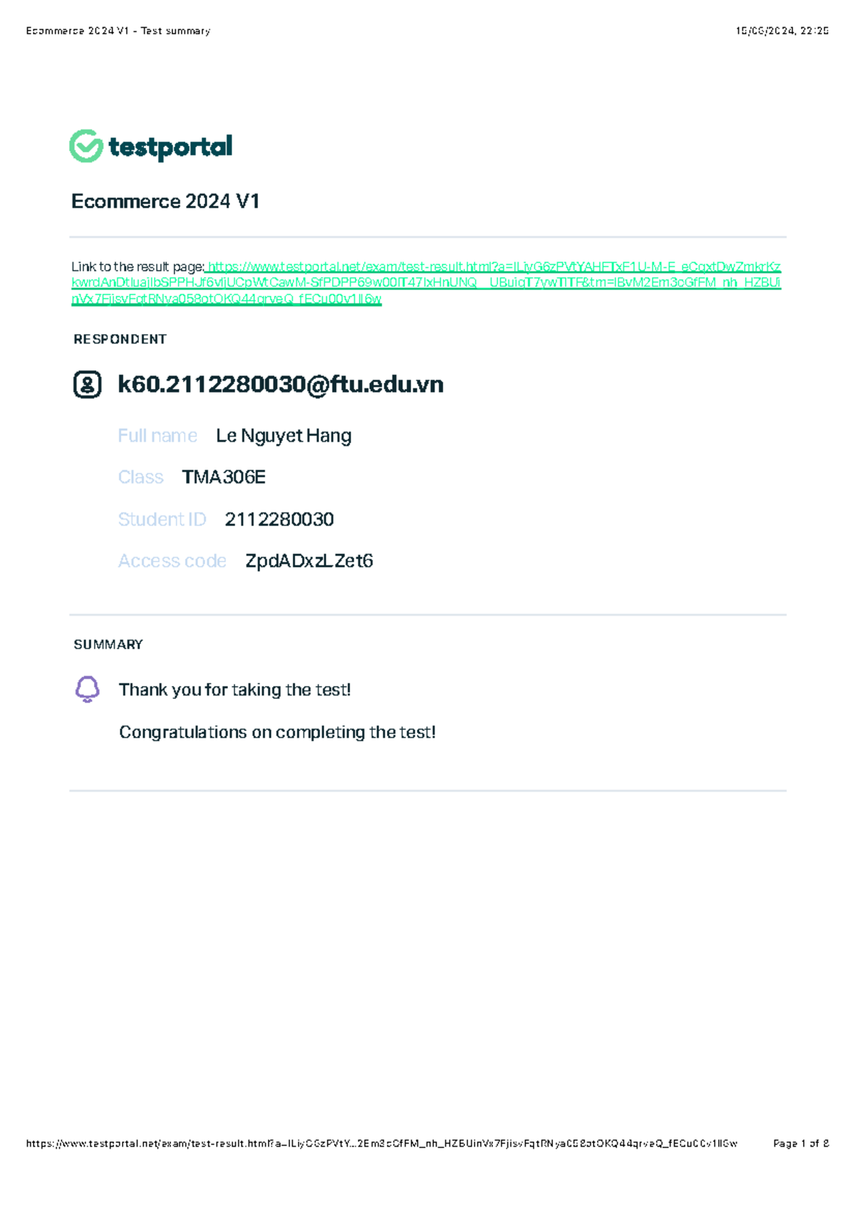 Ecom Final Exam Results for Class TMA306E - Score: 90% - Studocu