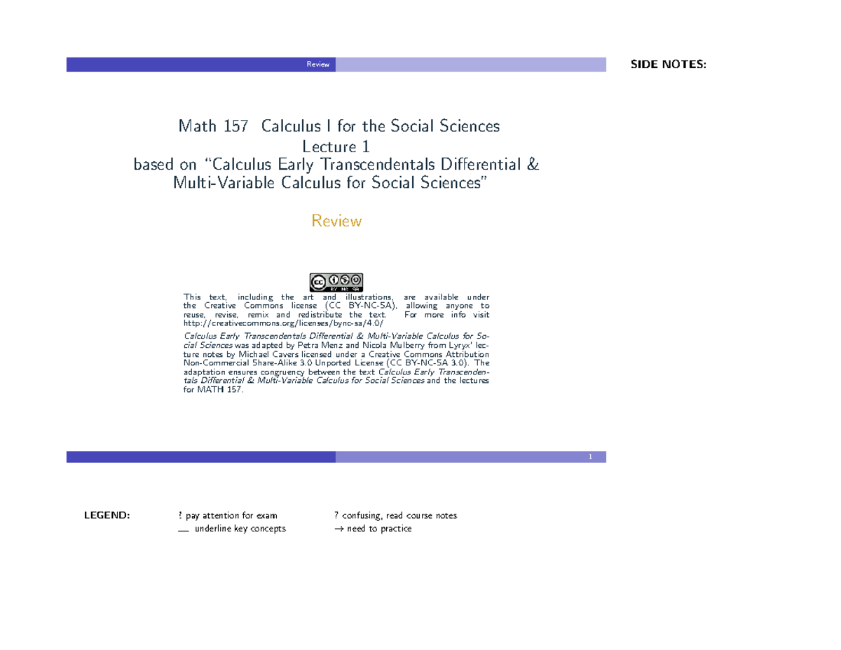 MATH 157: Lecture 1 Review Notes on Calculus I for Social Sciences ...