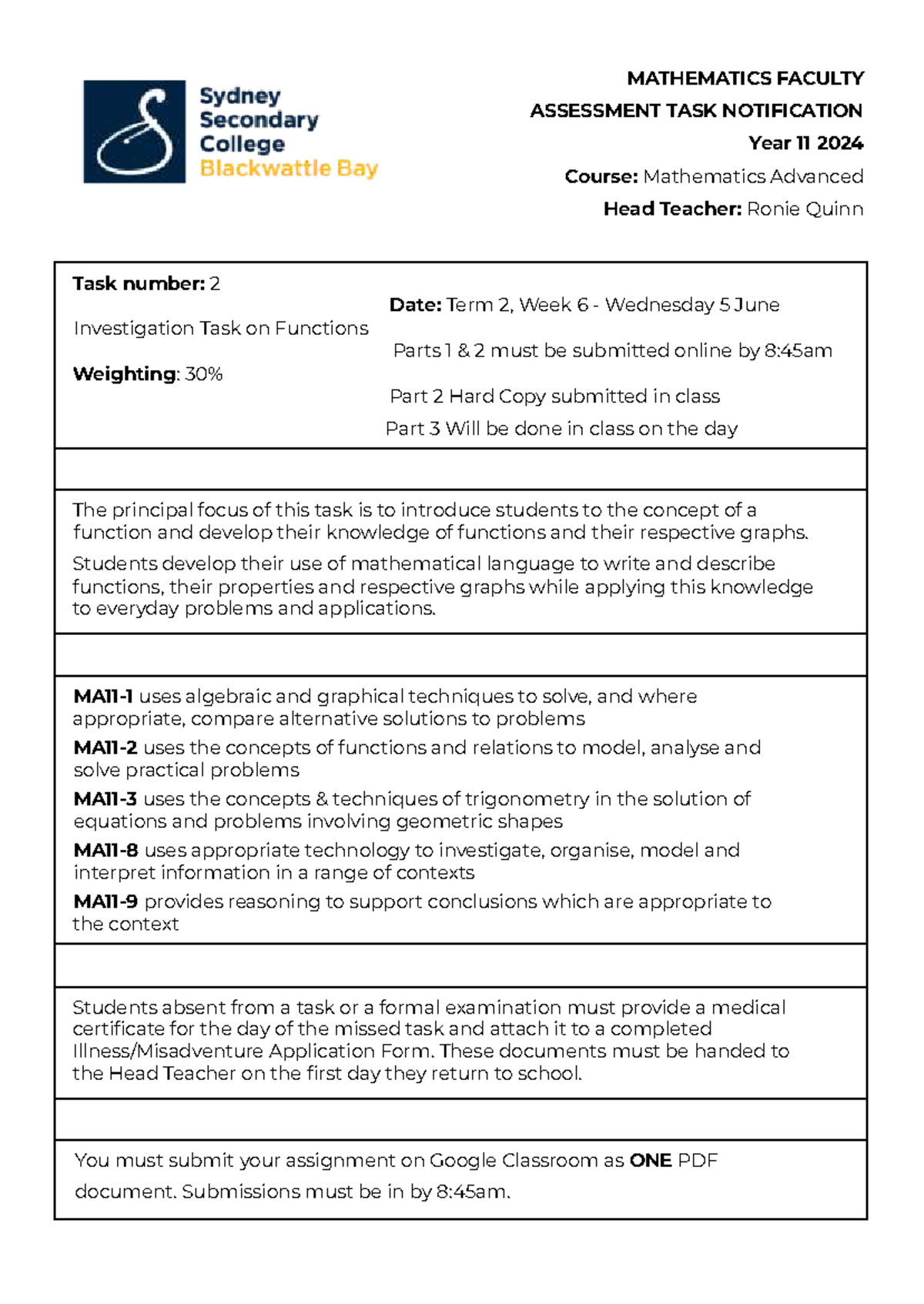 AT2 2024 - Year 11 Mathematics Advanced Investigation on Functions ...