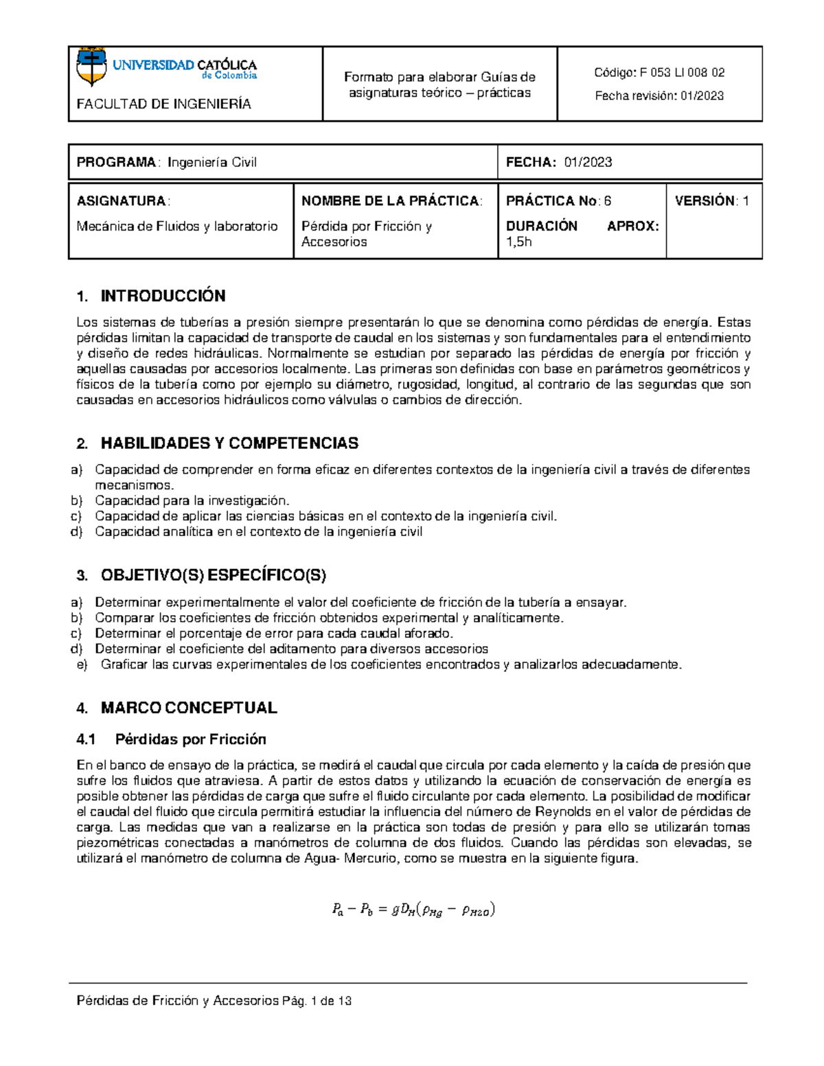 Guía de Práctica 6: Pérdidas por Fricción y Accesorios - F 053 LI 008 ...