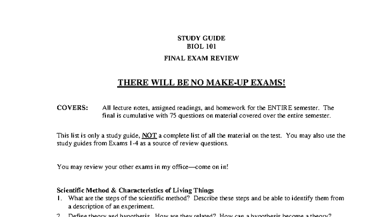 BIOL 101 FINAL EXAM STUDY GUIDE: CUMULATIVE REVIEW SPRING - Studocu