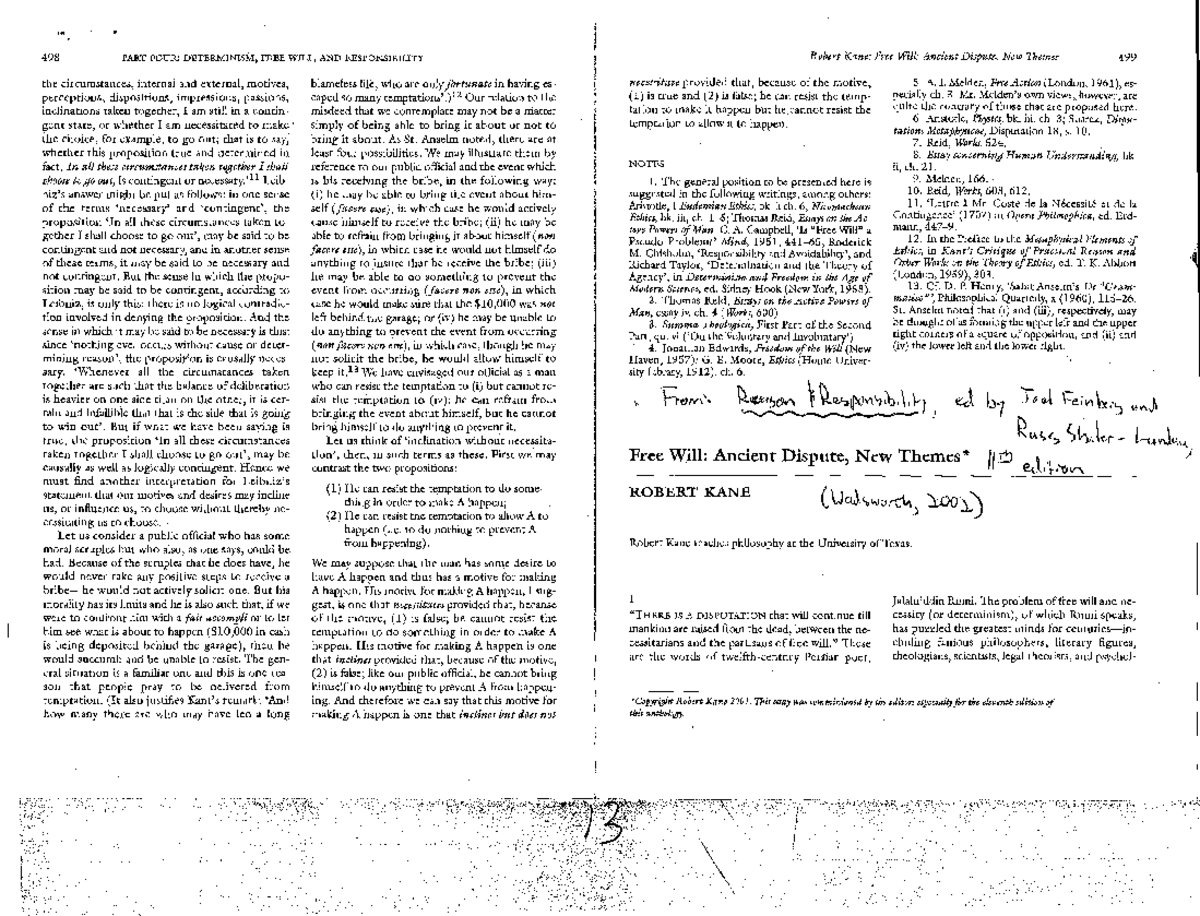 Reading Article on Robert Kane - 498 PART FOUR: DETERMINISM, FREE WILL ...