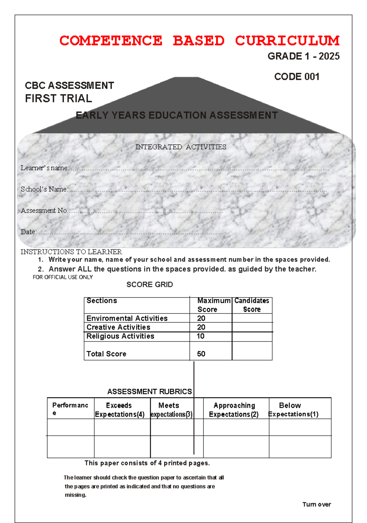 Grade 1 CBC Assessment Notes - Early Years Education 2025 - Studocu