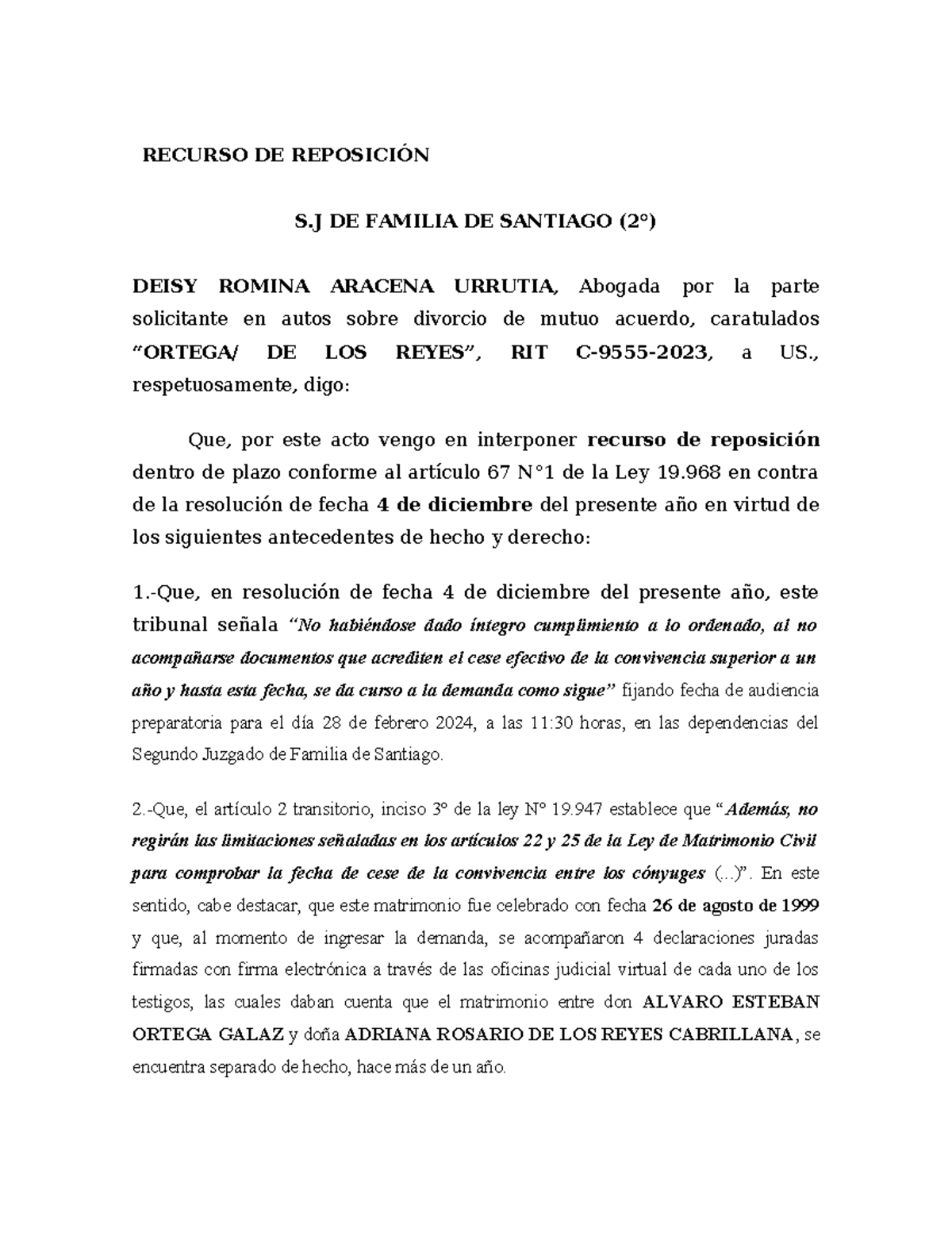 Recurso de Reposición en Divorcio Mutuo Acuerdo - Ley 19.968 - Document Preview