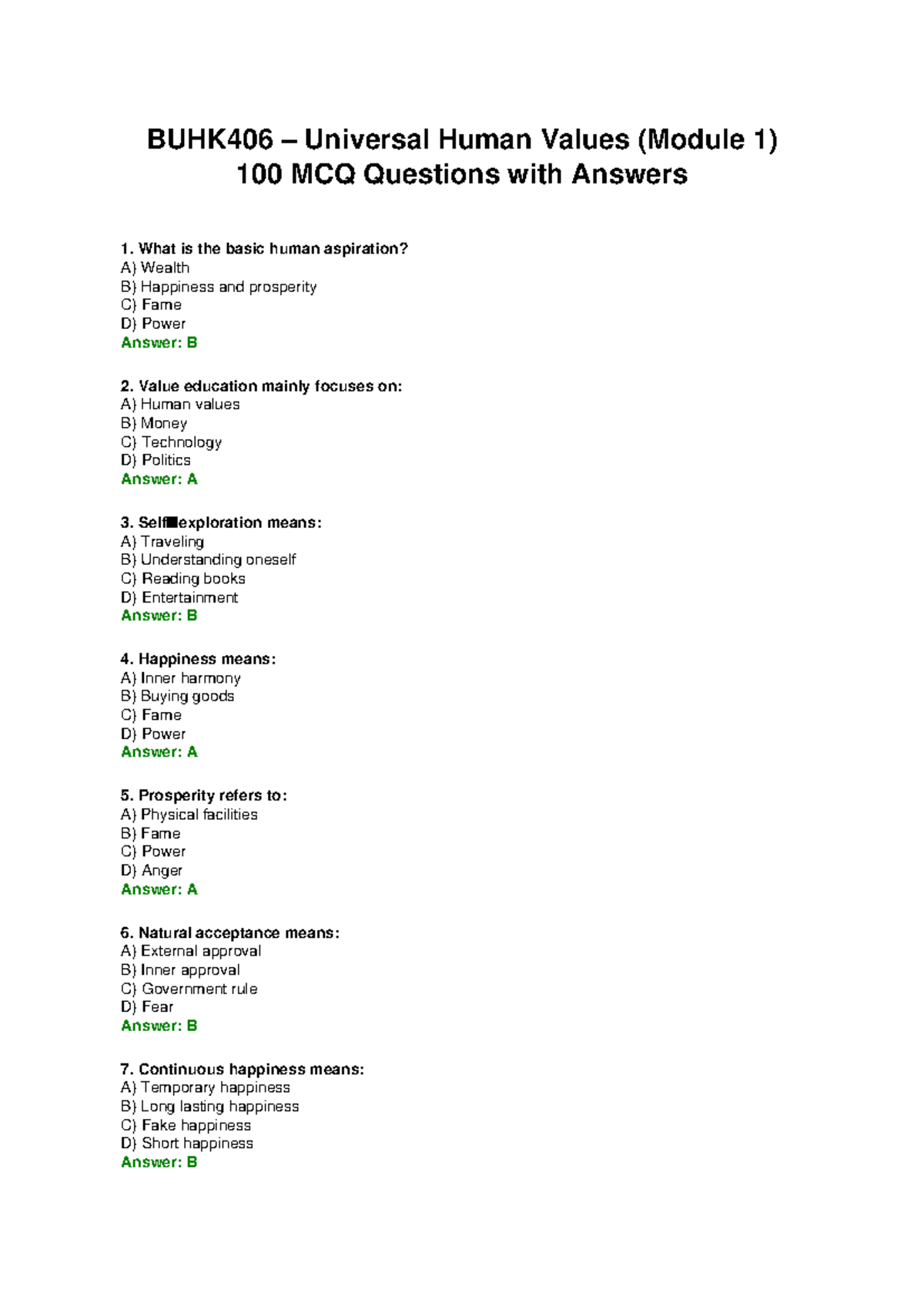 BUHK406 Universal Human Values Module 1: 100 MCQs with Answers - Studocu