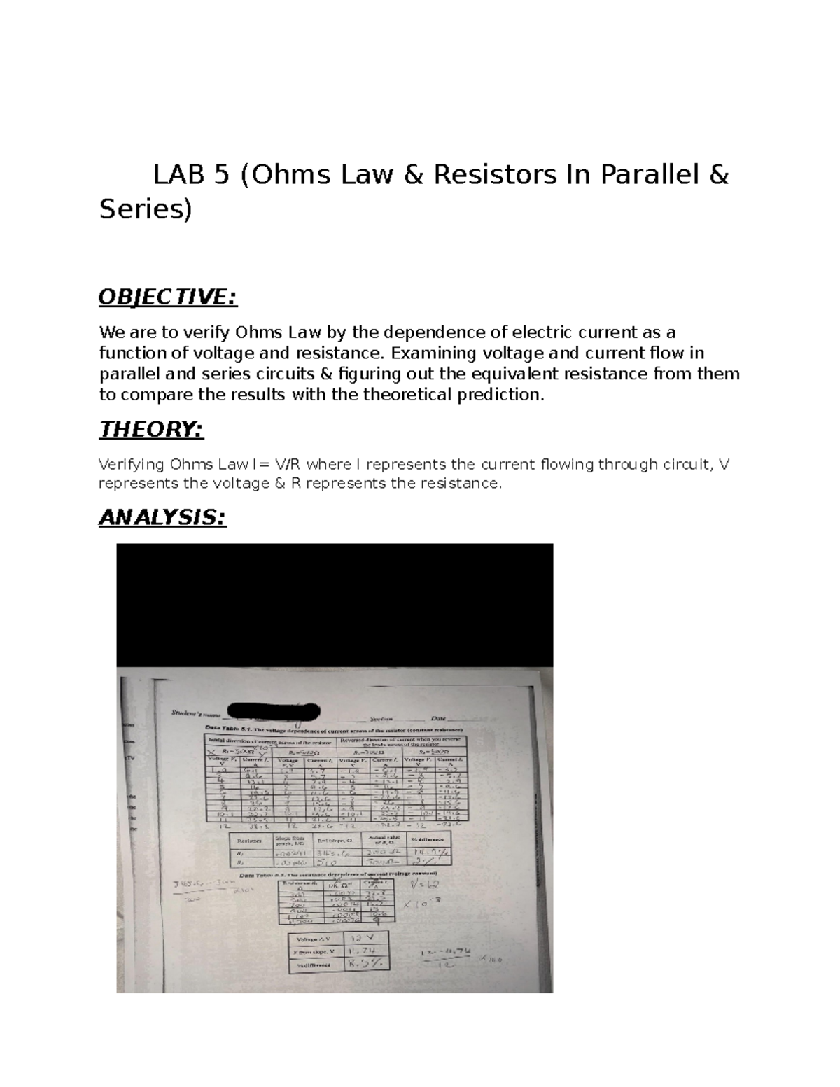 Lab 5: Verification of Ohm's Law & Resistors in Parallel/Series - Studocu