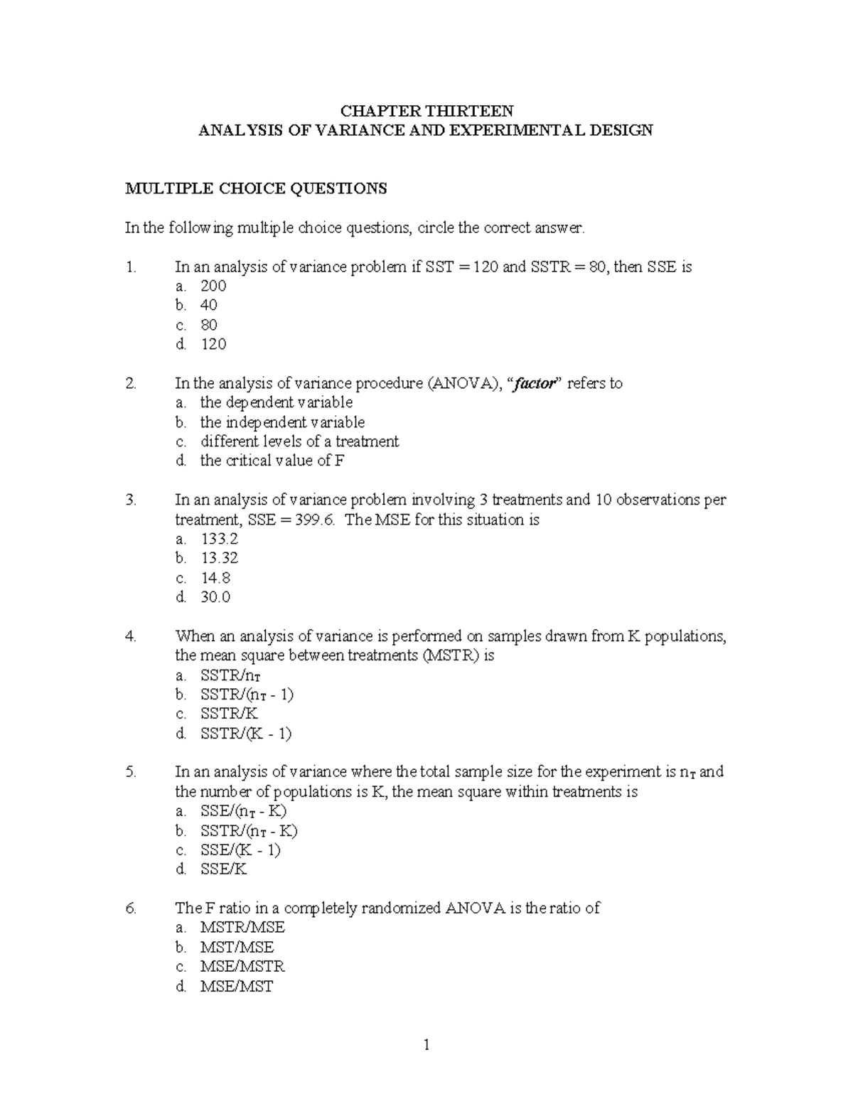 Stat982 CH13: Analysis of Variance MCQ Practice Questions - Studocu
