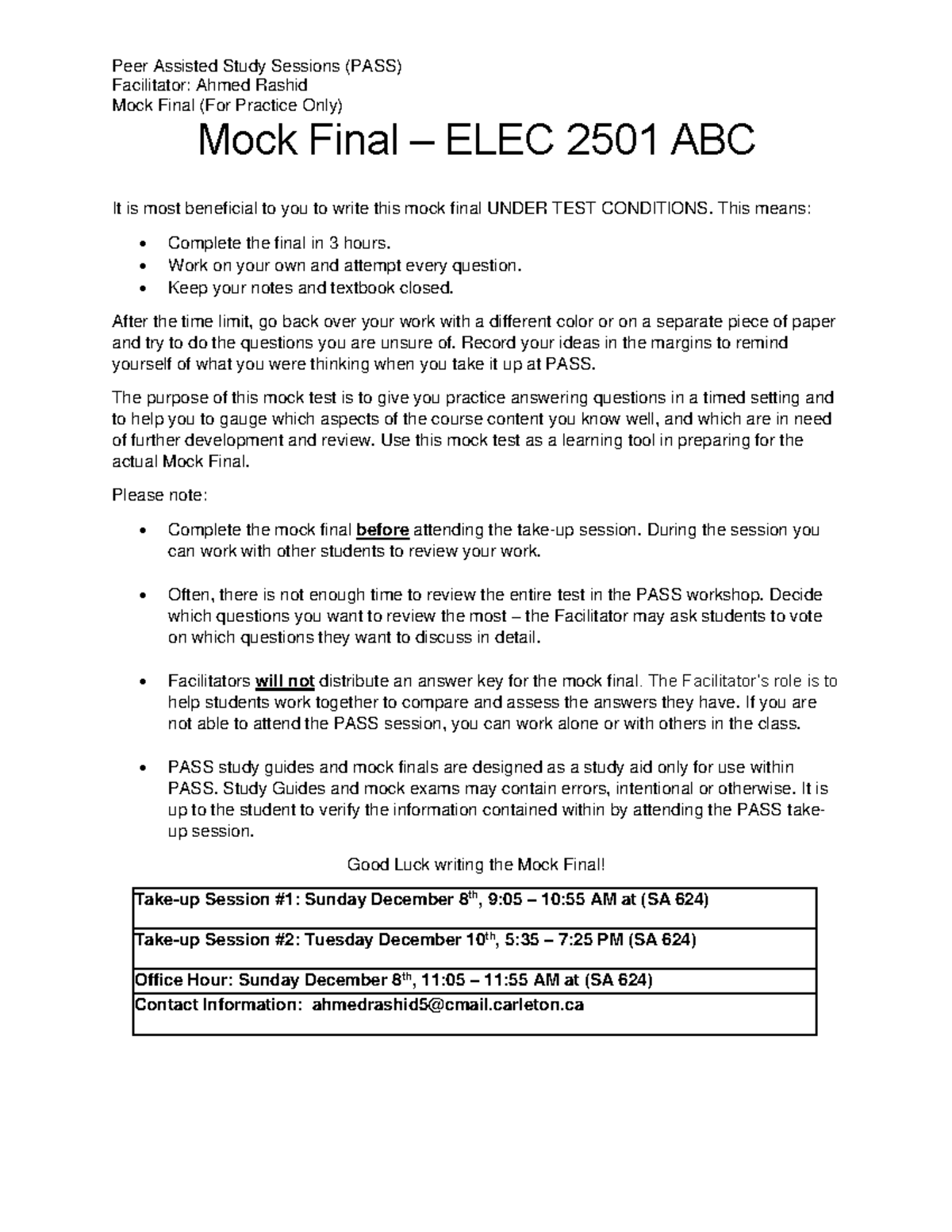 ELEC 2501 ABC Mock Final - Facilitator: Ahmed Rashid Mock Final (For ...