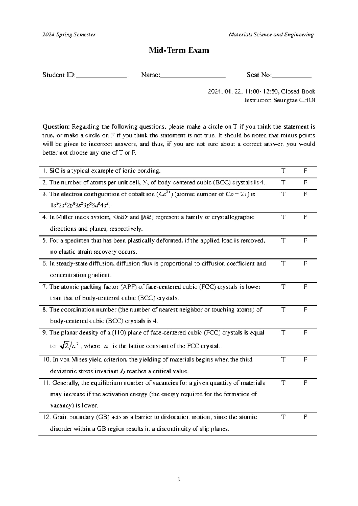 2024 Spring Semester Materials Science and Engineering Midterm Exam ...