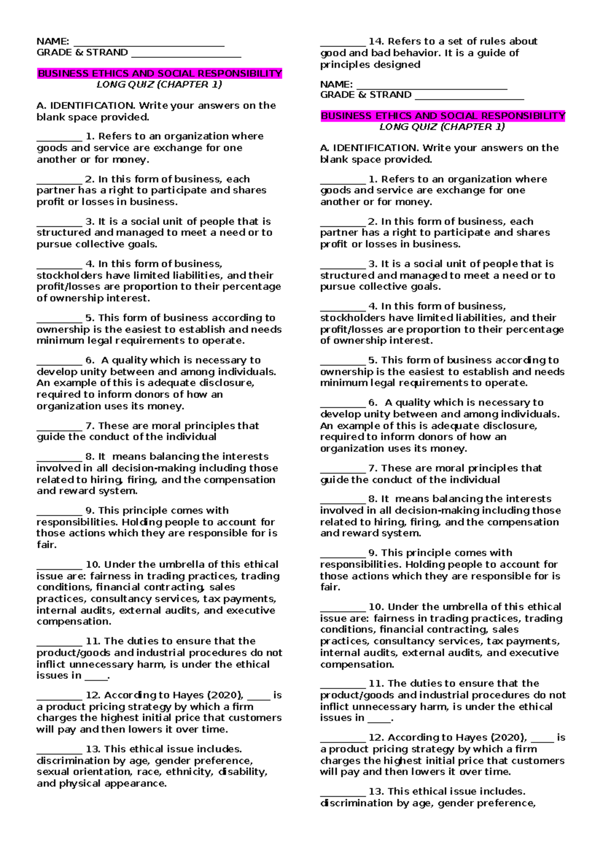 LONG QUIZ BUSS Ethics (Chapter 1) - Key Concepts & Questions - Studocu