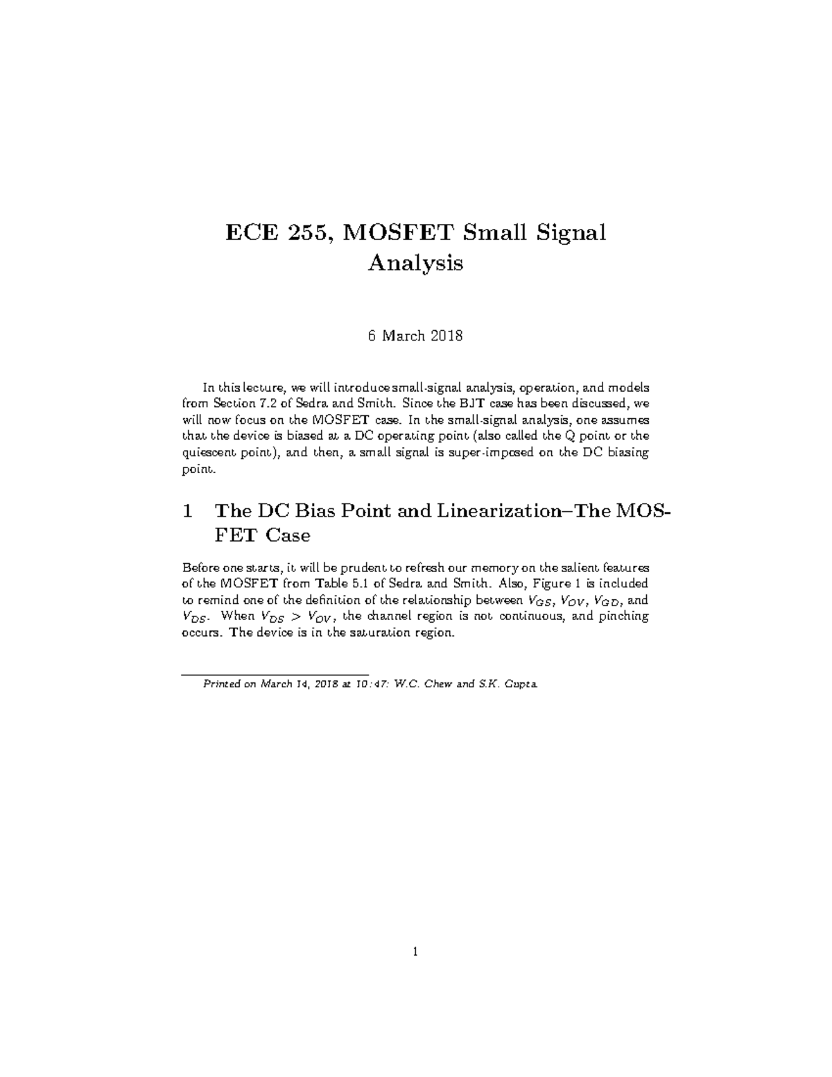 ECE 255 Lecture Notes: MOSFET Small Signal Analysis - Studocu