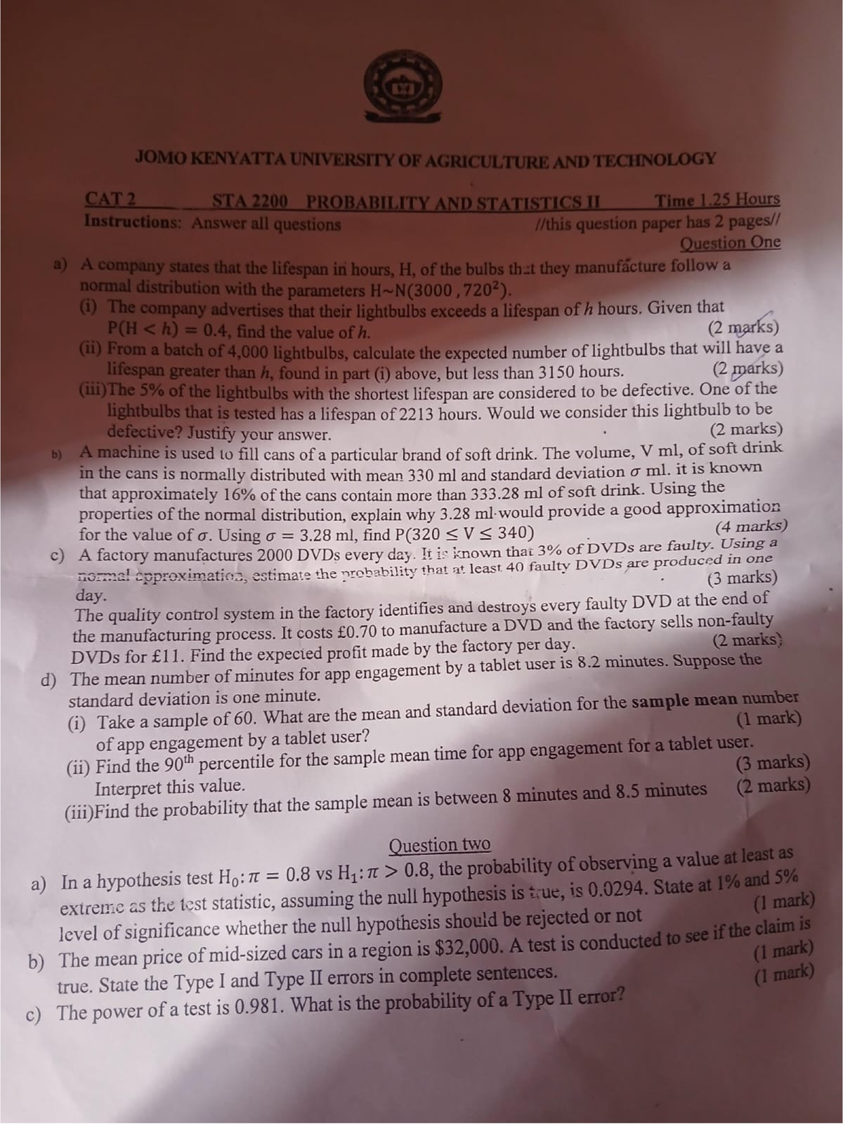 Probability and Statistics II CAT 2 STA 2200 Exam Notes - Studocu