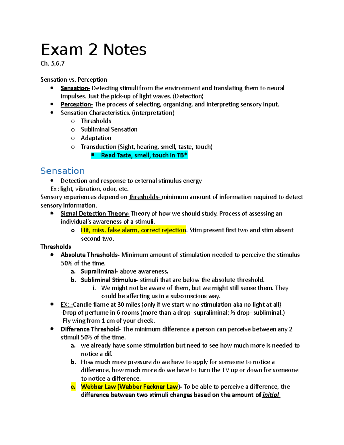 PSYC 2010 Exam 2 Revision Notes on Sensation and Perception Concepts ...