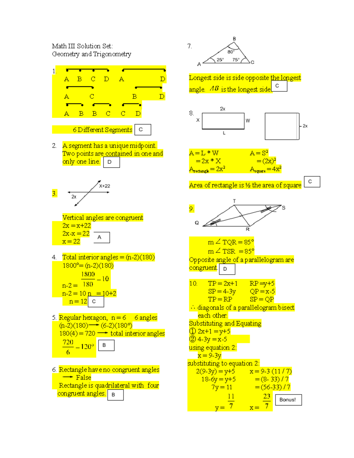 Math III - Diagnostic Solution Set: Geometry & Trigonometry - Studocu