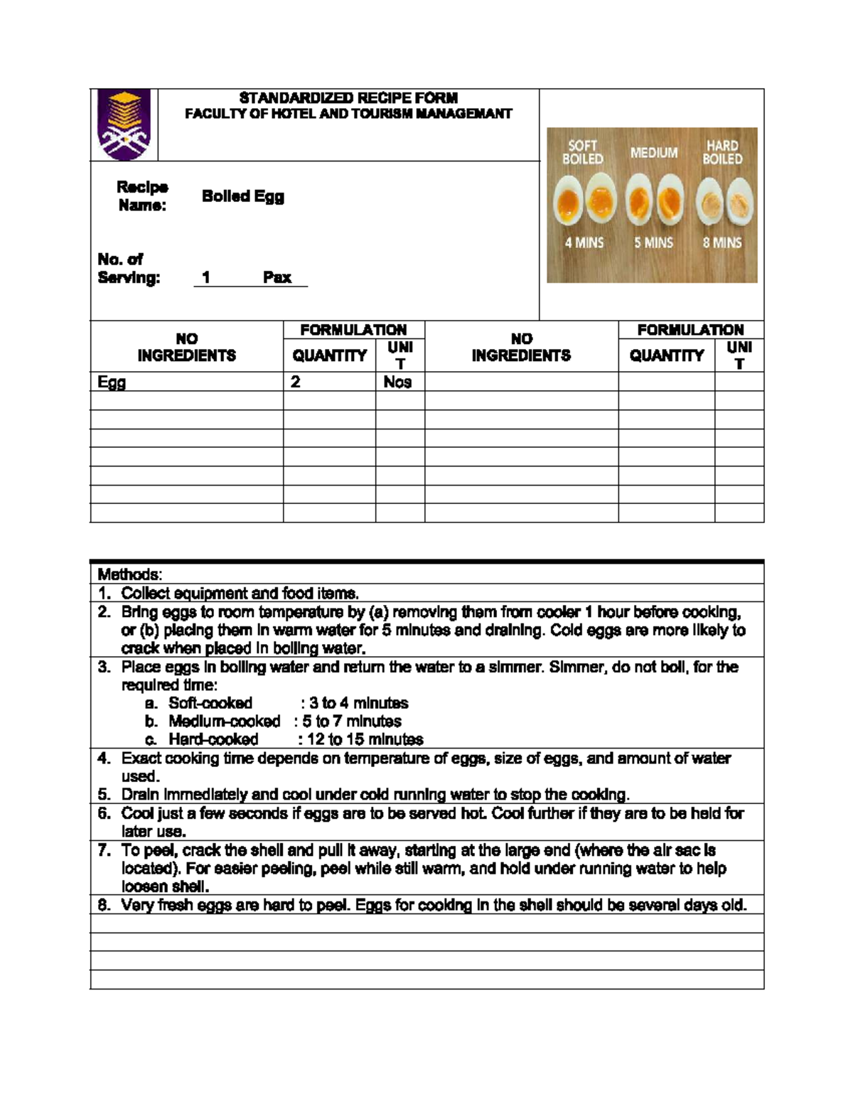 Standardized Recipe Form: Egg Dishes for Hotel & Tourism Management ...