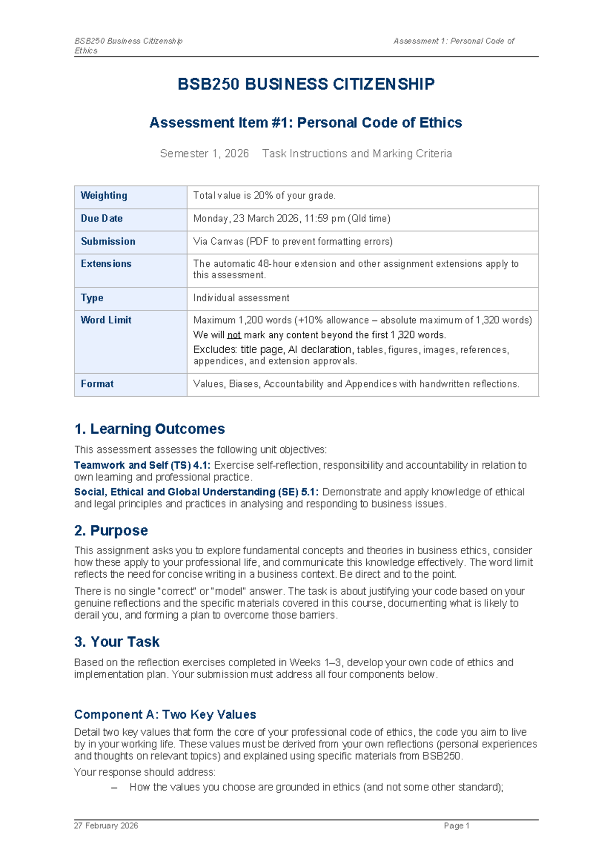 BSB250 Business Citizenship Ethics Assessment 1: Personal Code of ...
