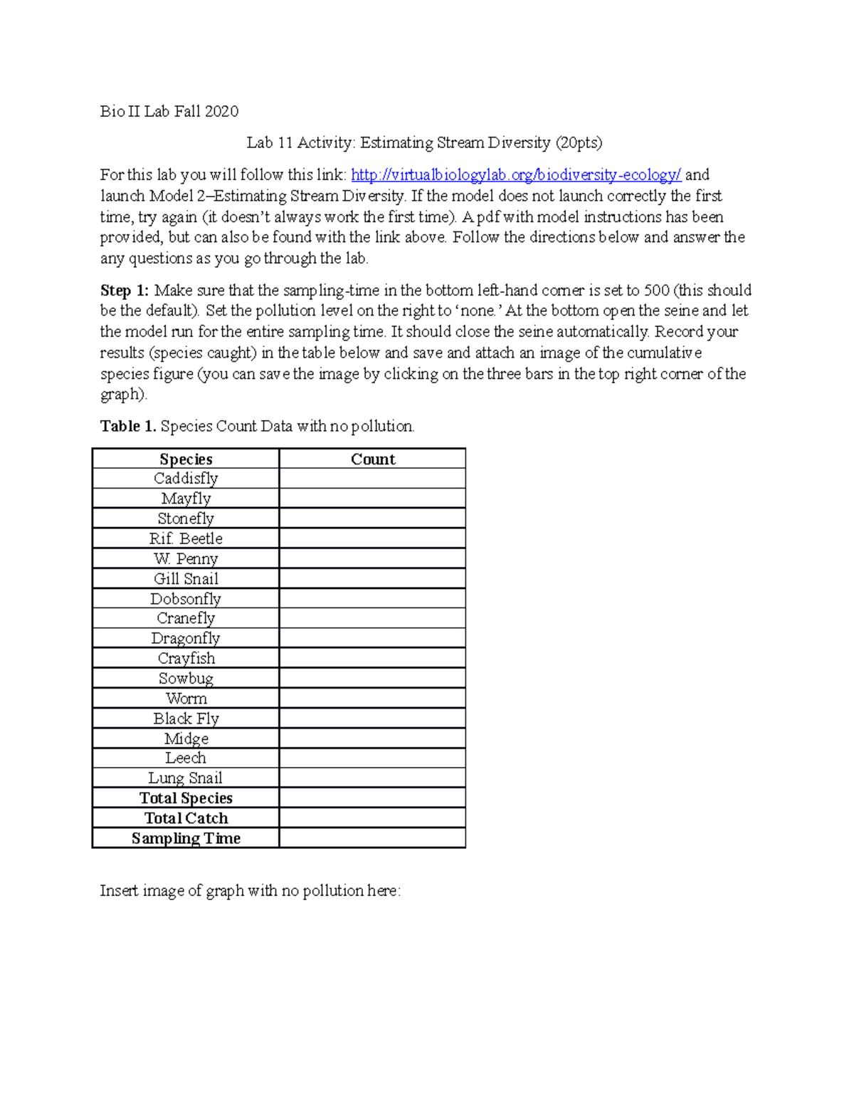 Bio II Lab 11: Estimating Stream Diversity Activity Worksheet - Studocu
