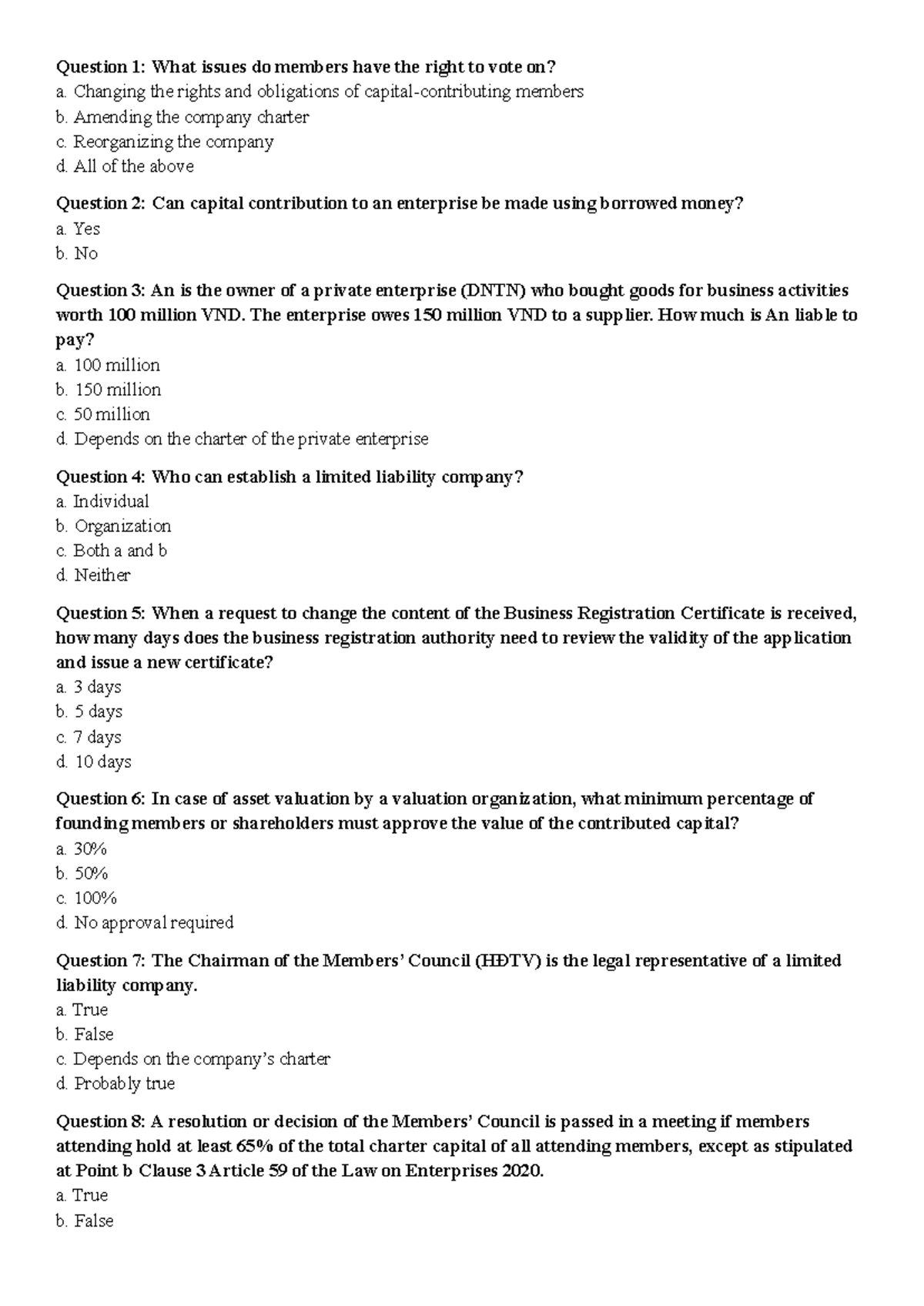 Test 1 - Multiple Choice Questions on Business Law Concepts - Studocu