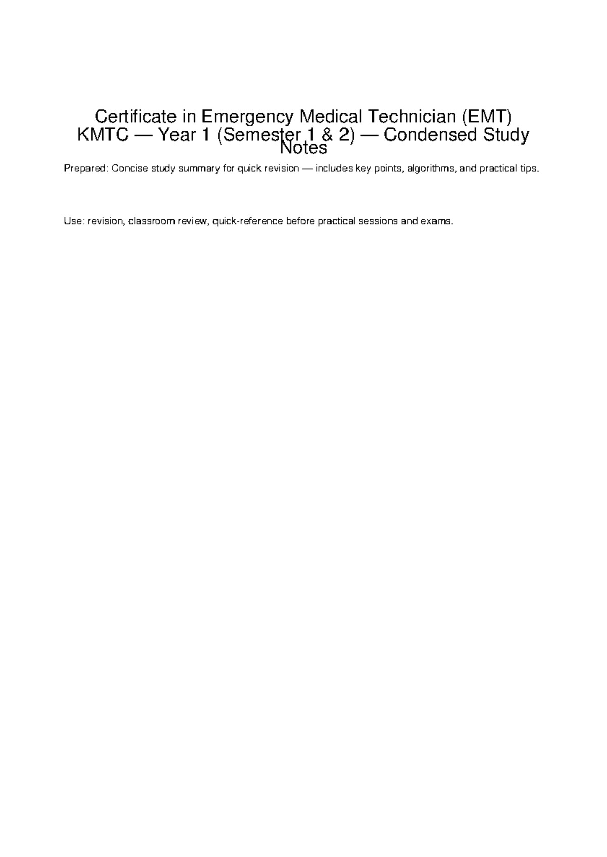 EMT KMTC Year 1 Semester 1 Condensed Study Notes for Quick Revision ...
