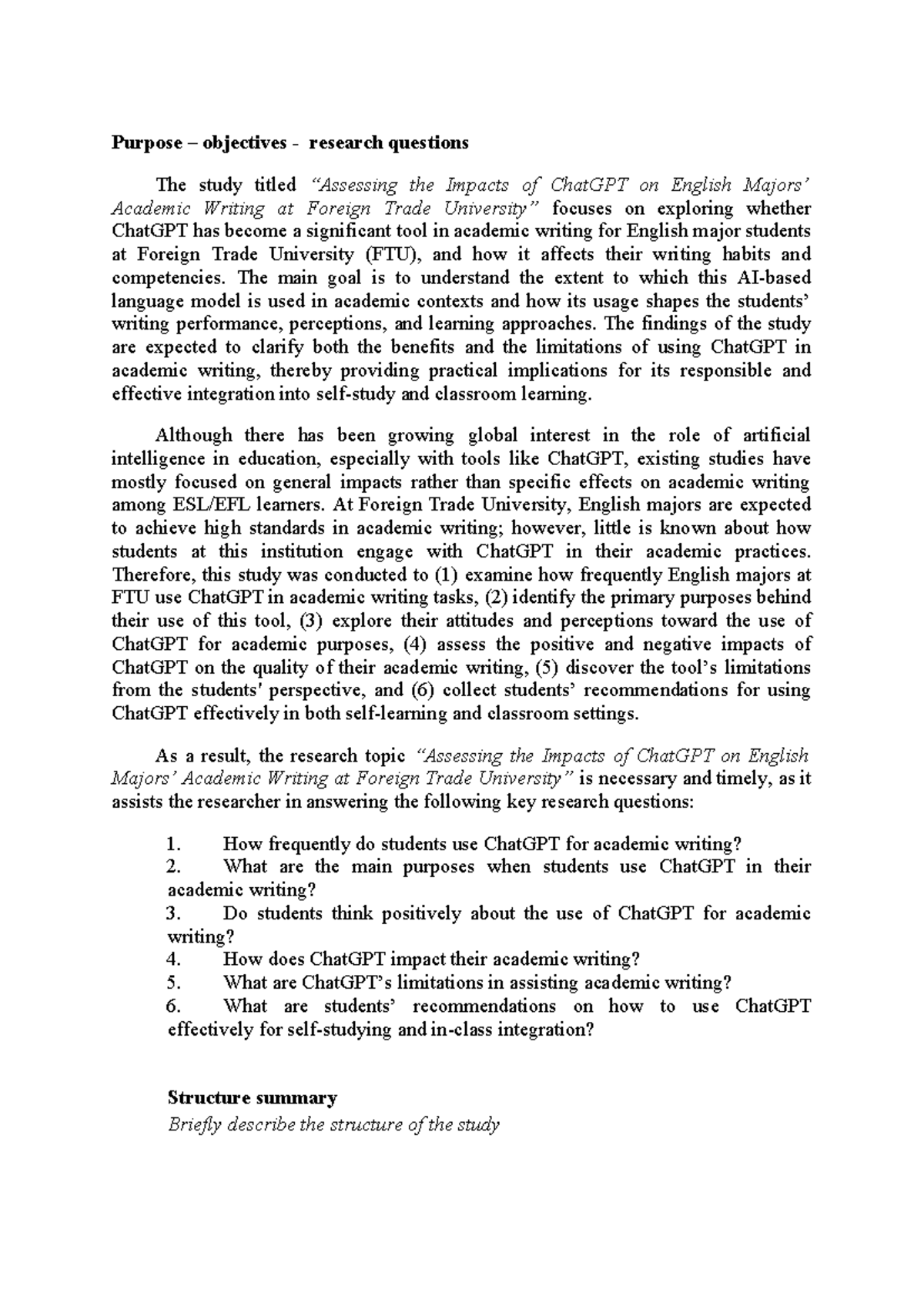 [W3] Impacts of ChatGPT on English Writing at FTU: Study Overview - Studocu