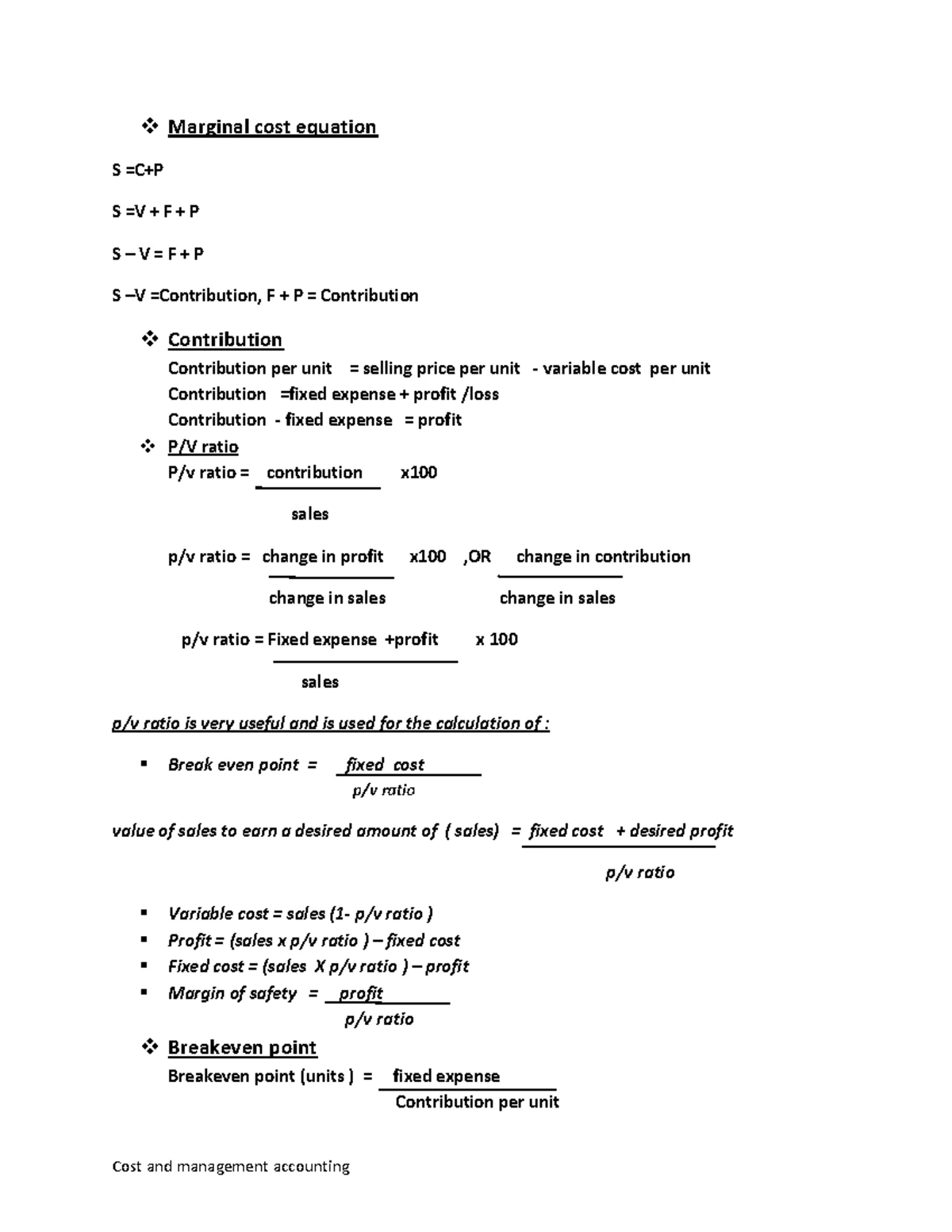 Marginal Cost and Contribution Analysis - Lecture Notes (MGMT 101 ...