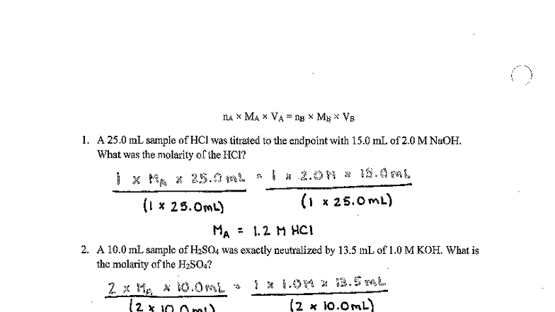 Neutralization Practice Answers for CHEM 101 - Studocu