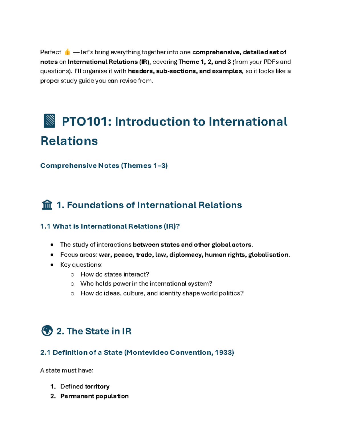 PTO101: Comprehensive Study Guide on International Relations Themes 1-3 ...