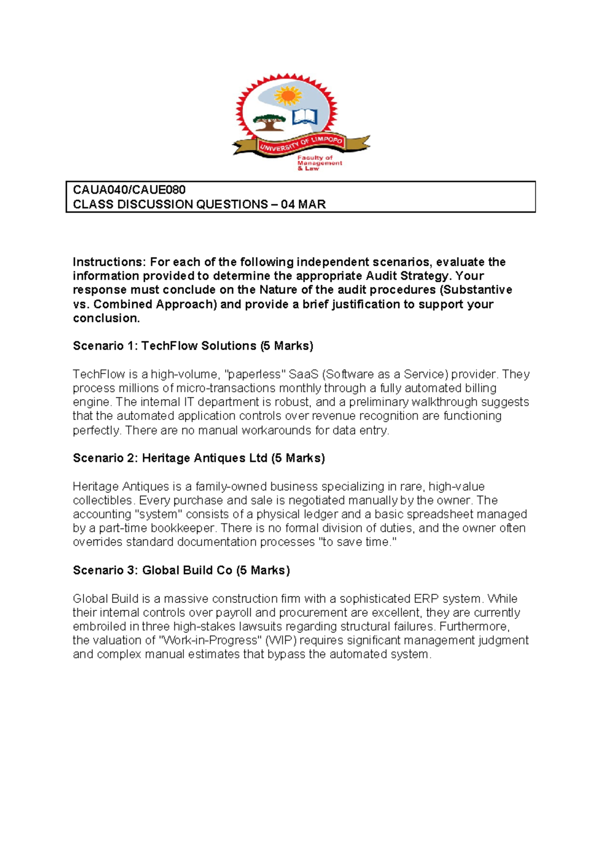 CLASS DISCUSSION QUESTIONS - AUDIT STRATEGY EVALUATION - Studocu
