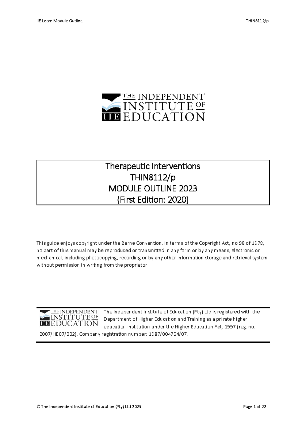 THIN8112 MO - Therapeutic Interventions Module Outline 2023 - Studocu