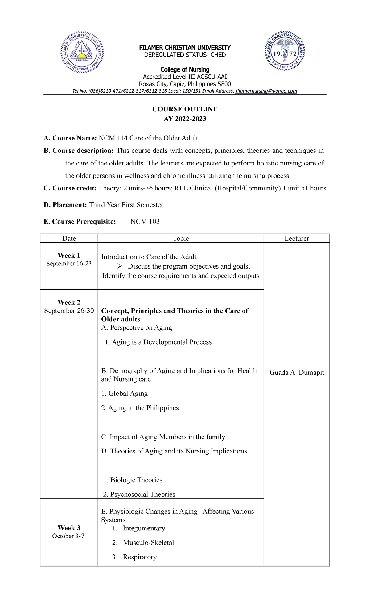Course Outline for NCM 11423: Care of the Older Adult Course - Studocu