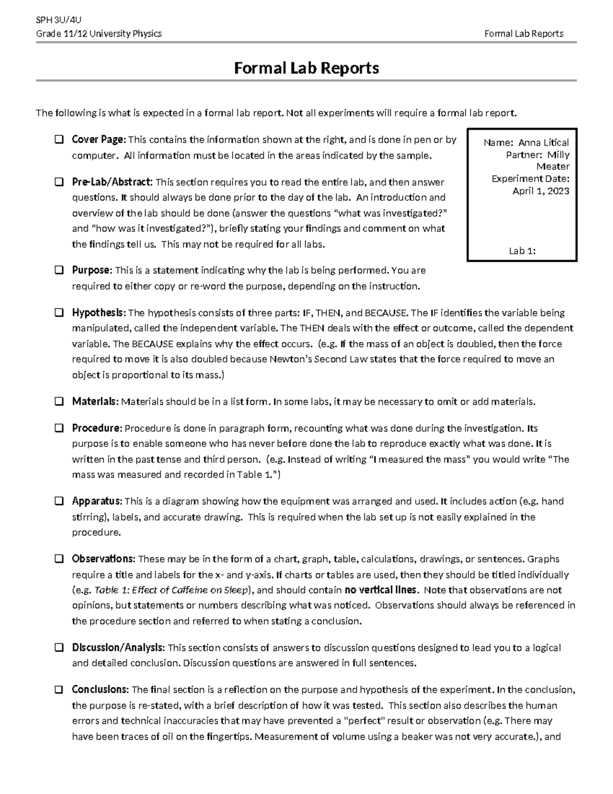 SPH Grade University Physics Lab Report Guidelines and Structure - Studocu