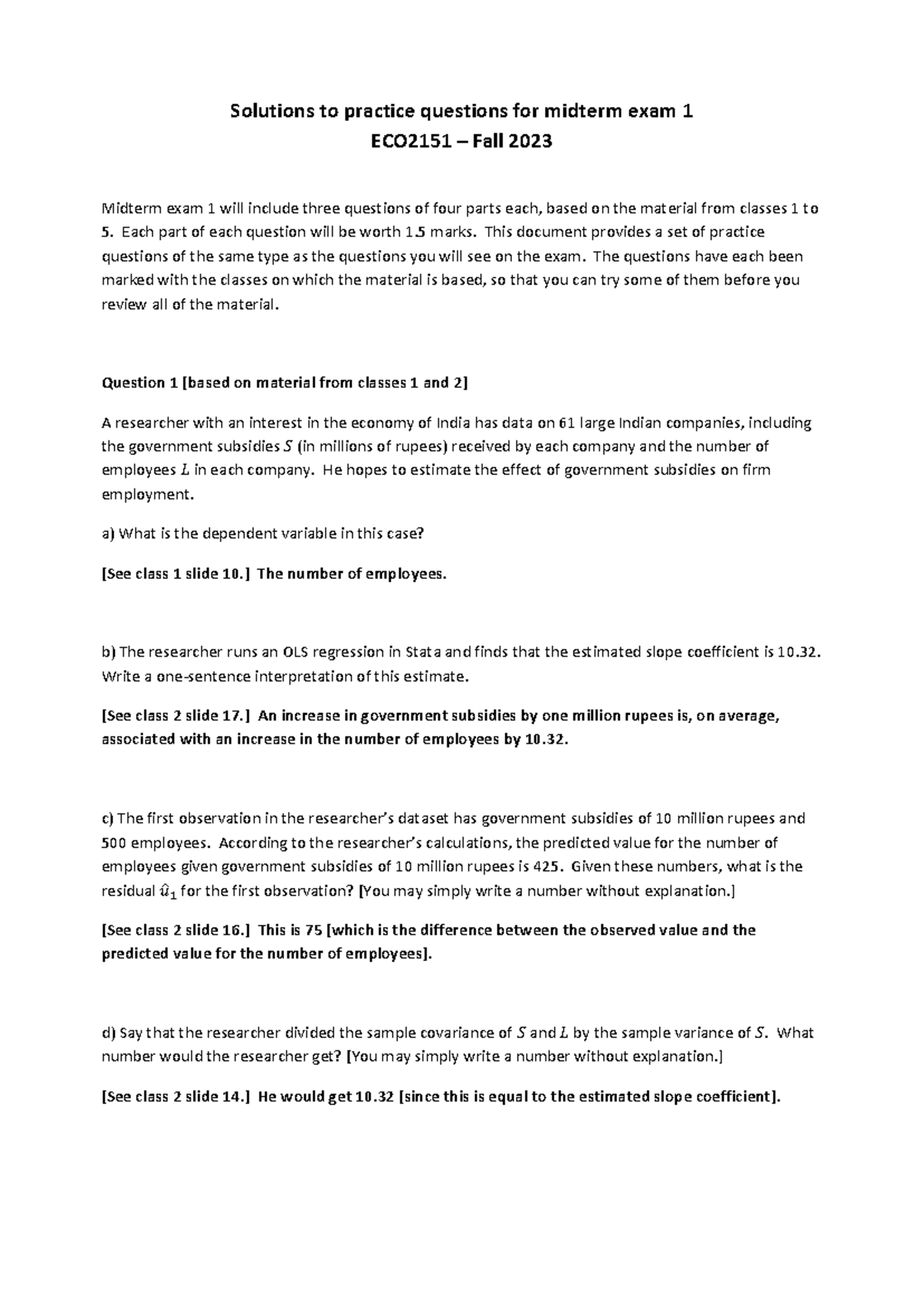ECO2151 Midterm 1 Practice Questions Solutions – Fall 2023 - Studocu