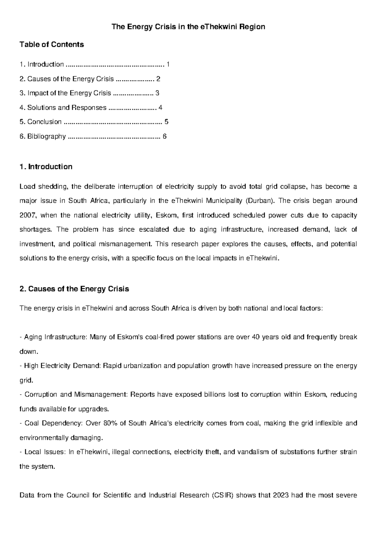 Energy Crisis in eThekwini: Causes, Impacts, and Solutions Research ...