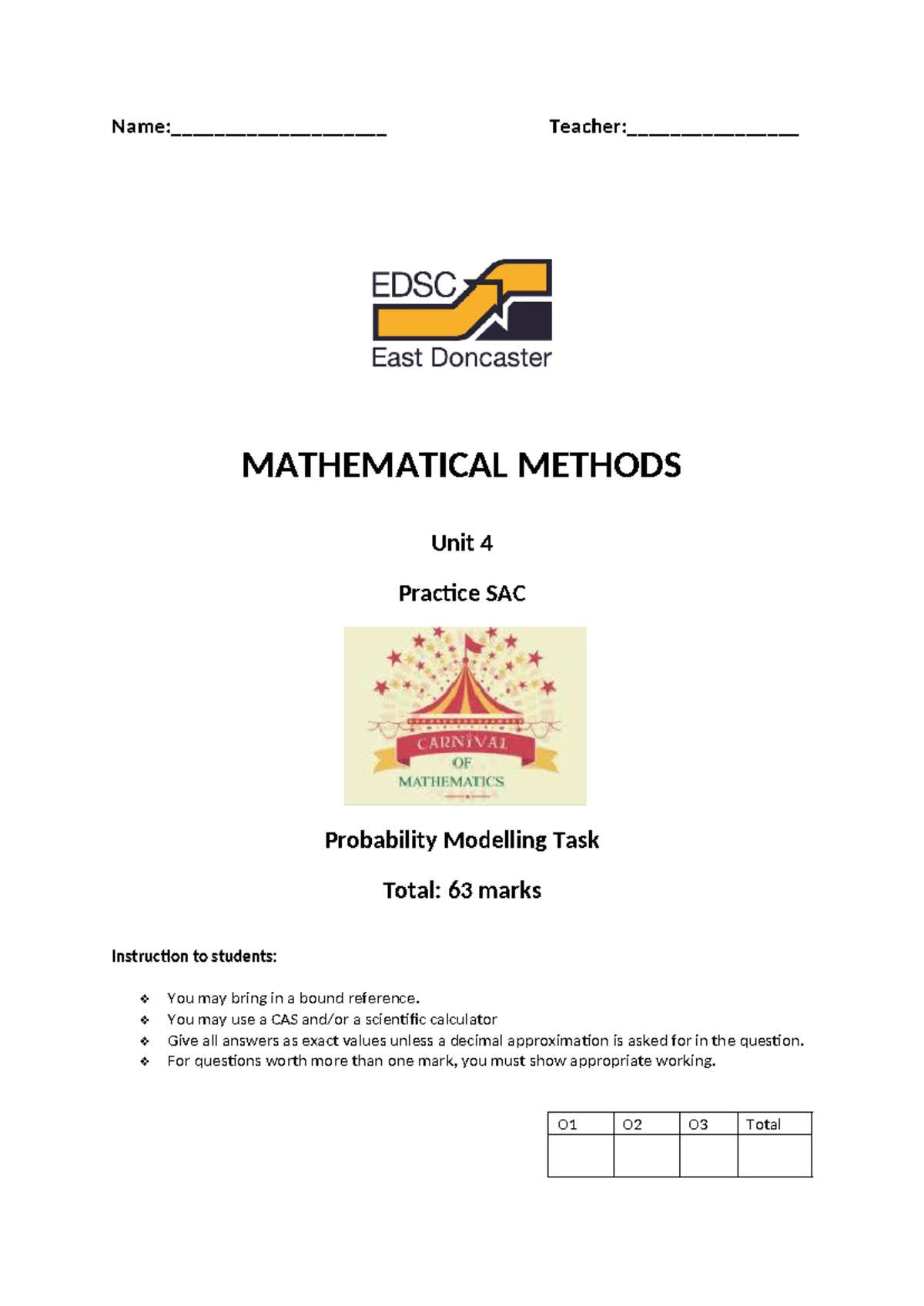 SAC 3 Practice: Probability Modelling & Mathematical Methods - Studocu